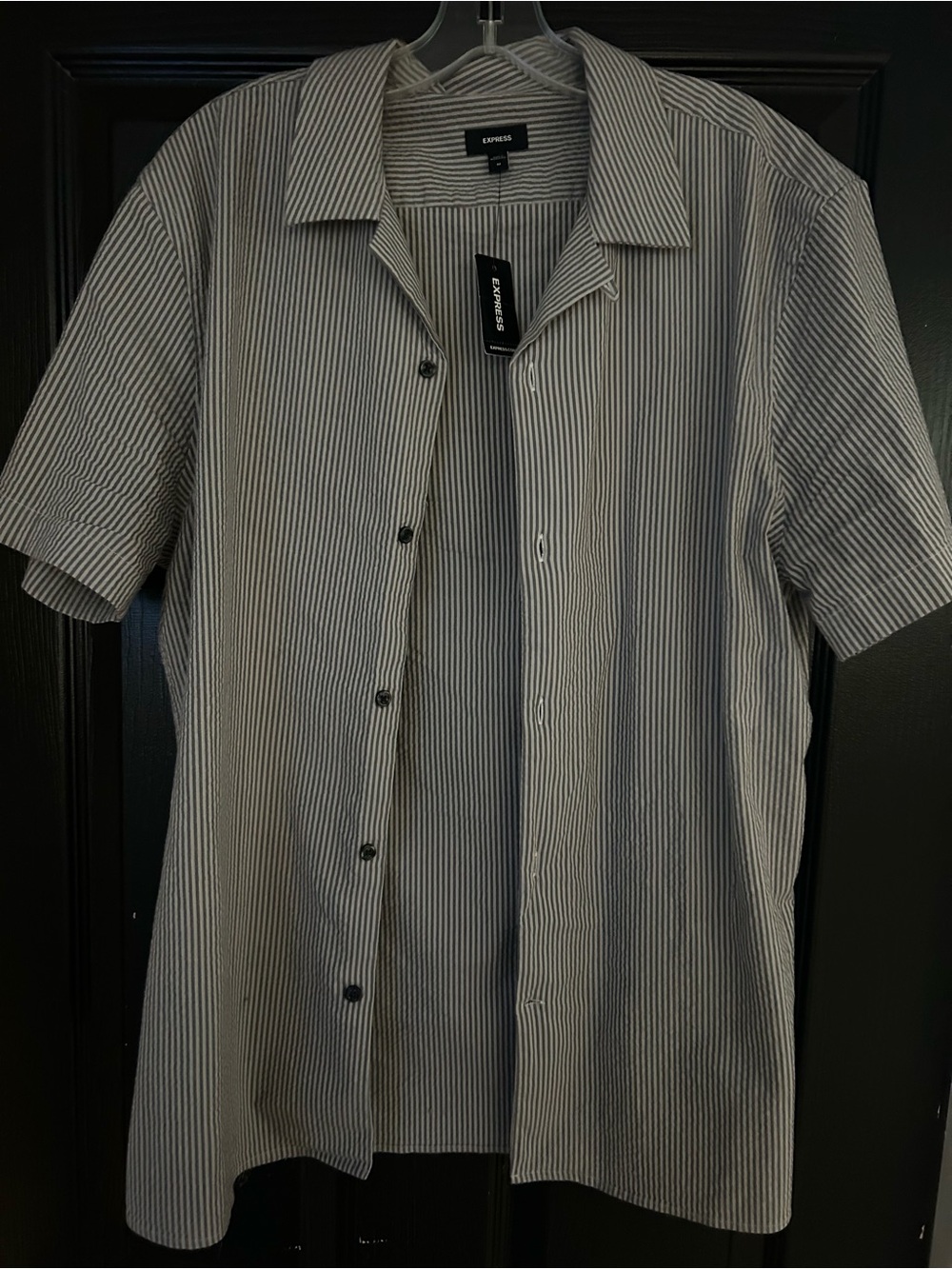 Express Men’s Cotton Short Sleeve Button-Down Shirt - Gray & White Stripes